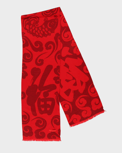 Red Patterned With Fringe Scarf