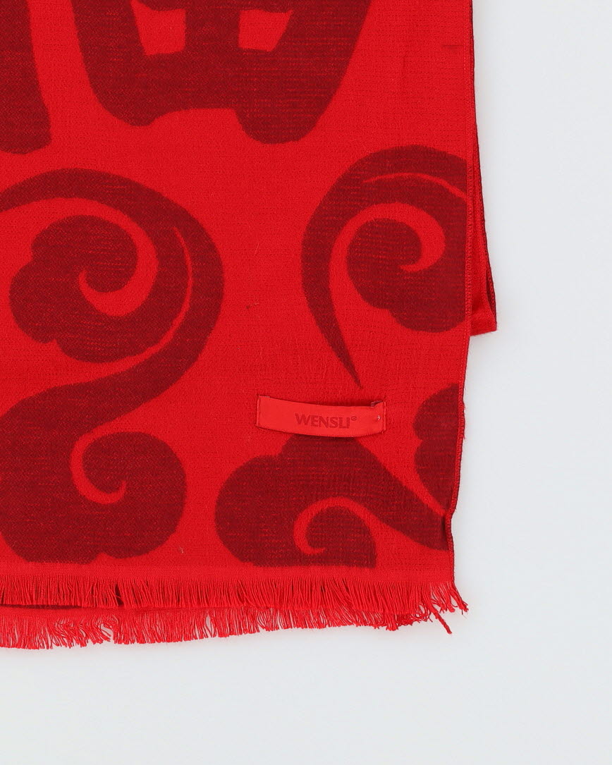 Red Patterned With Fringe Scarf