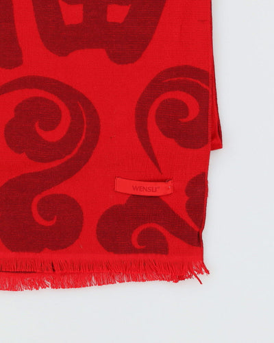 Red Patterned With Fringe Scarf
