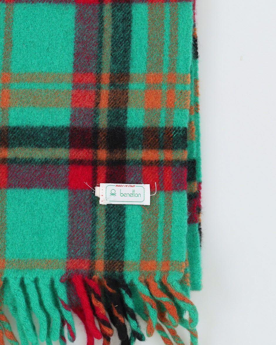 Benetton Green Checked Fringed Scarf