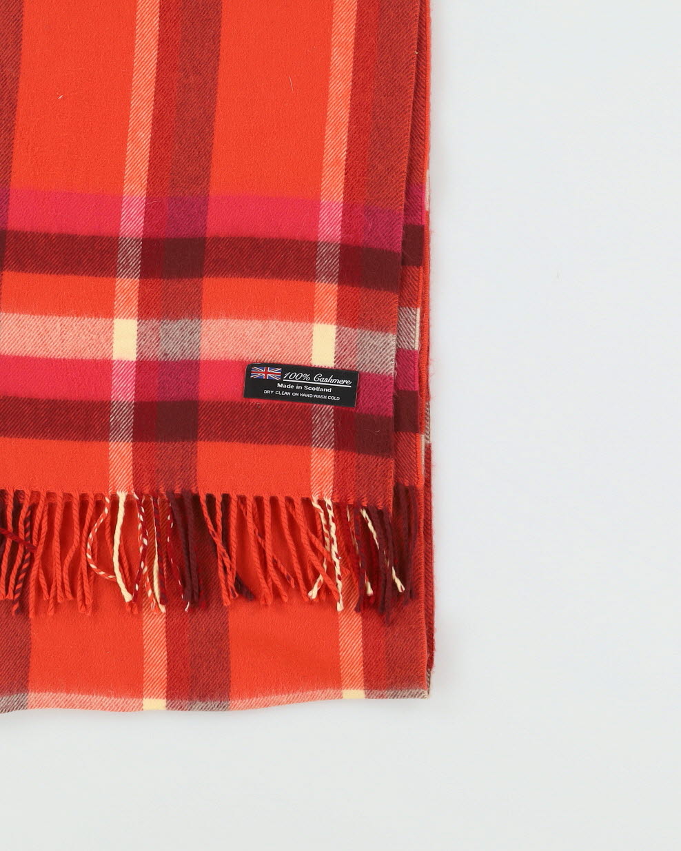 Orange Checked Cashmere Fringed Scarf