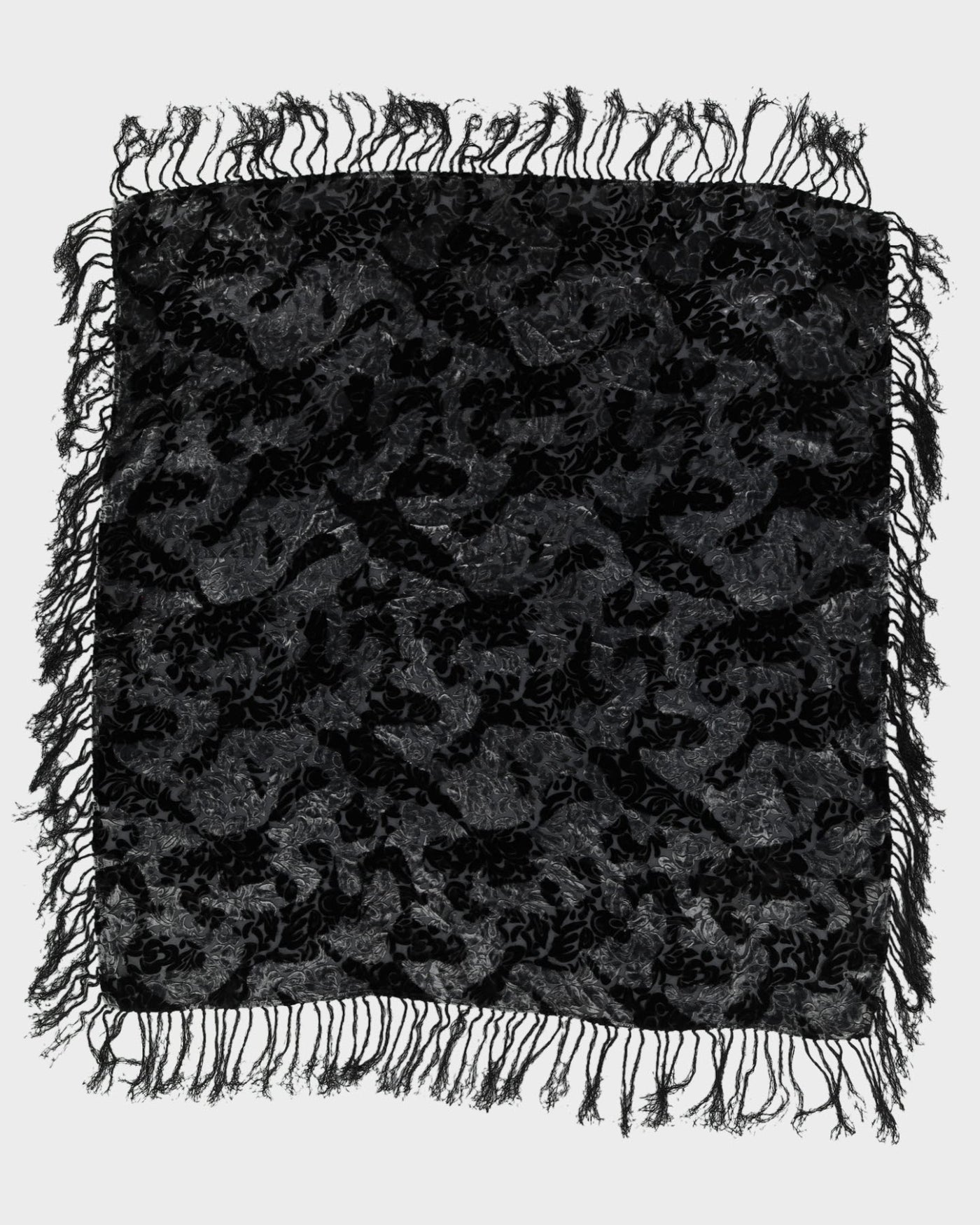 Black And Grey Floral Velvet Devore Fringed Scarf