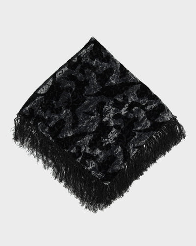 Black And Grey Floral Velvet Devore Fringed Scarf