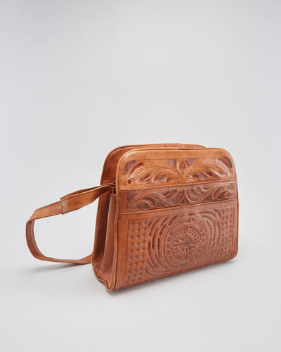 Vintage 1970s Brown Tooled Leather Shoulder Bag