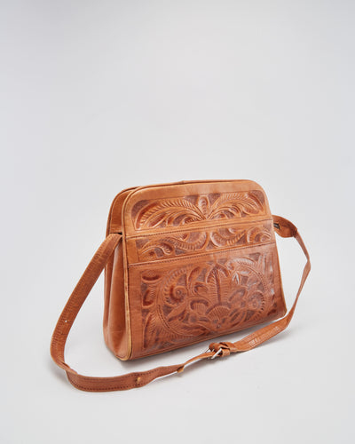 Vintage 1970s Brown Tooled Leather Shoulder Bag