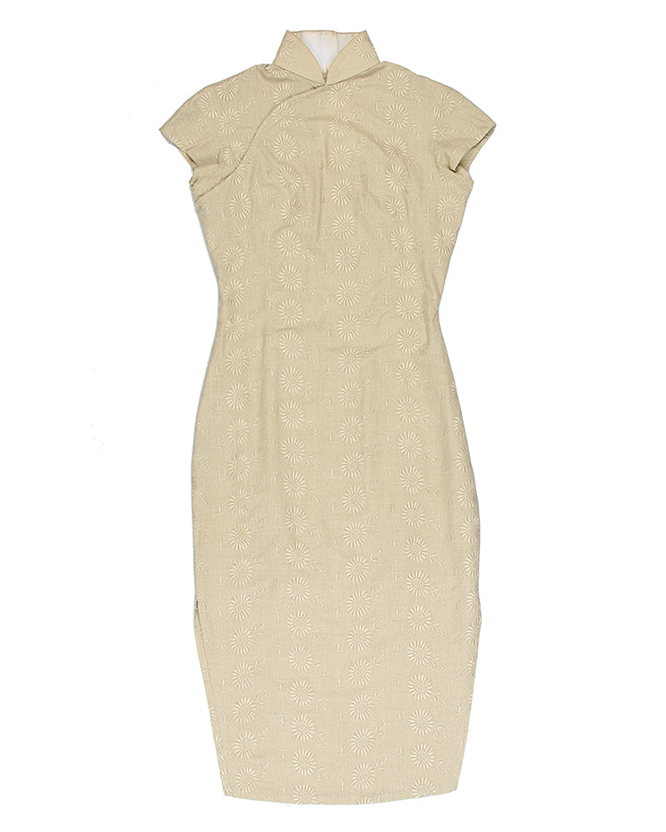 60s Beige Embossed Floral Cheongsam Dress - S