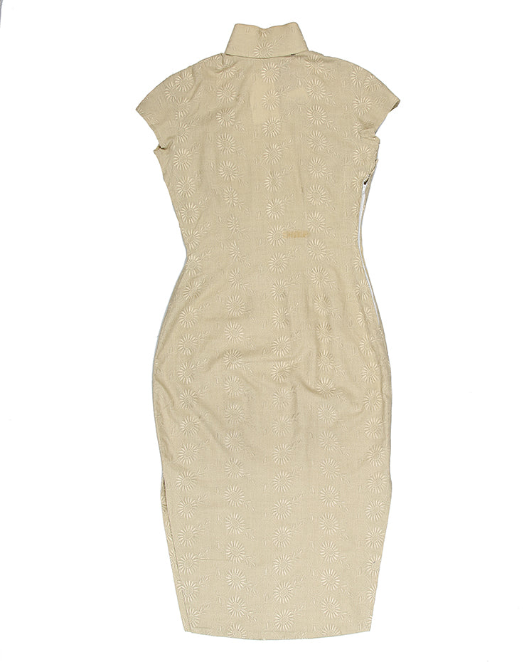 60s Beige Embossed Floral Cheongsam Dress - S