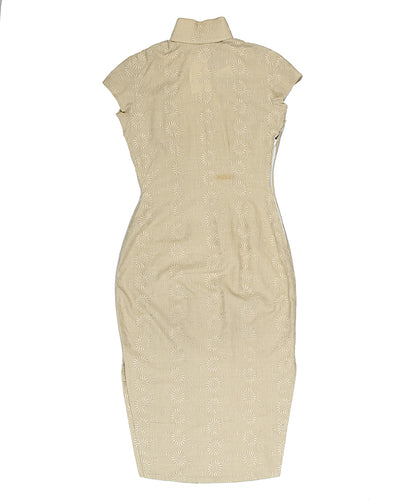 60s Beige Embossed Floral Cheongsam Dress - S