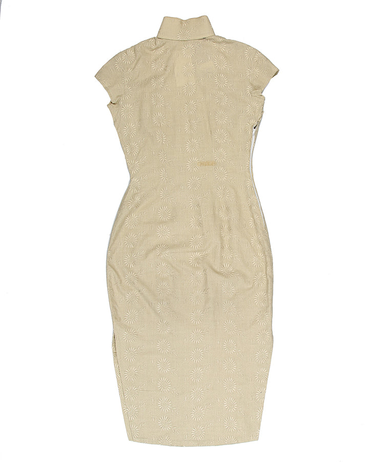 60s Beige Embossed Floral Cheongsam Dress - S