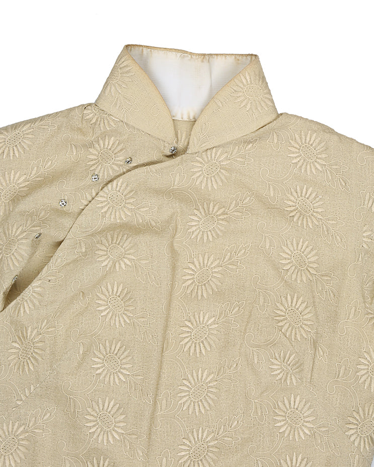 60s Beige Embossed Floral Cheongsam Dress - S