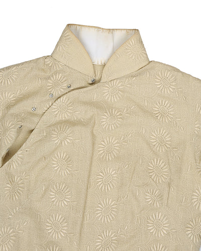 60s Beige Embossed Floral Cheongsam Dress - S