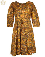 50s Warm Toned Brown and Orange Patterned Dress - S
