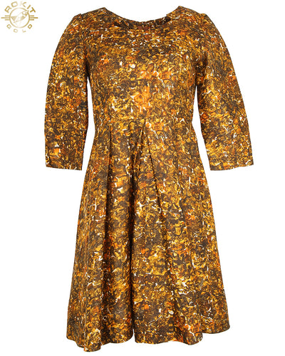 50s Warm Toned Brown and Orange Patterned Dress - S
