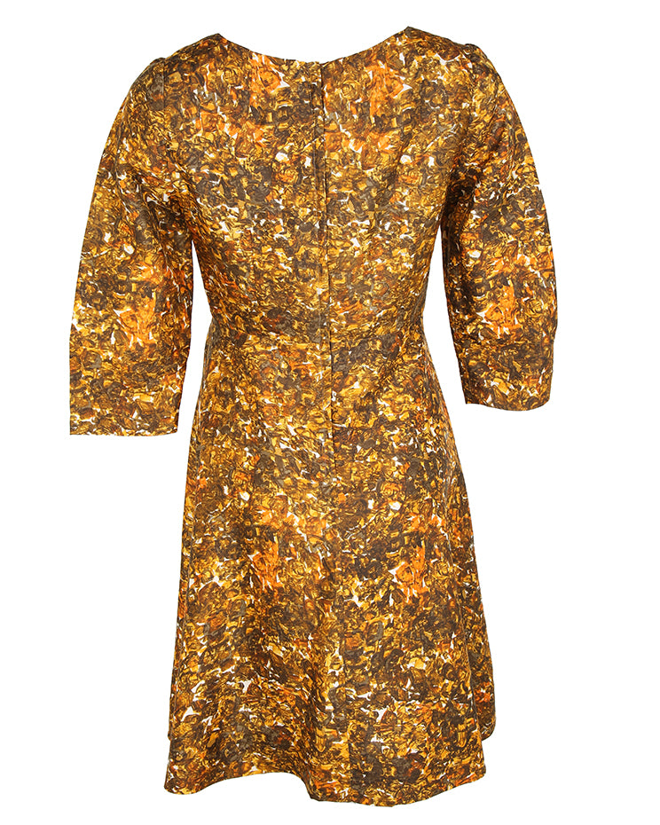 50s Warm Toned Brown and Orange Patterned Dress - S