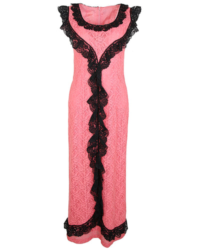 60s Long Pink Lace Overlay Dress with Black Lace Ruffle Detail - S