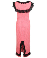 60s Long Pink Lace Overlay Dress with Black Lace Ruffle Detail - S