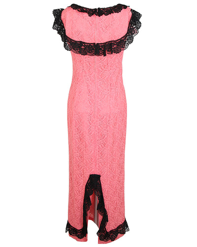 60s Long Pink Lace Overlay Dress with Black Lace Ruffle Detail - S