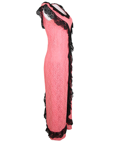 60s Long Pink Lace Overlay Dress with Black Lace Ruffle Detail - S