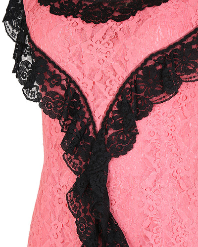 60s Long Pink Lace Overlay Dress with Black Lace Ruffle Detail - S