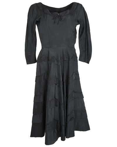 50s Branell Black Silk Scalloped Petal Skirt Dress - S