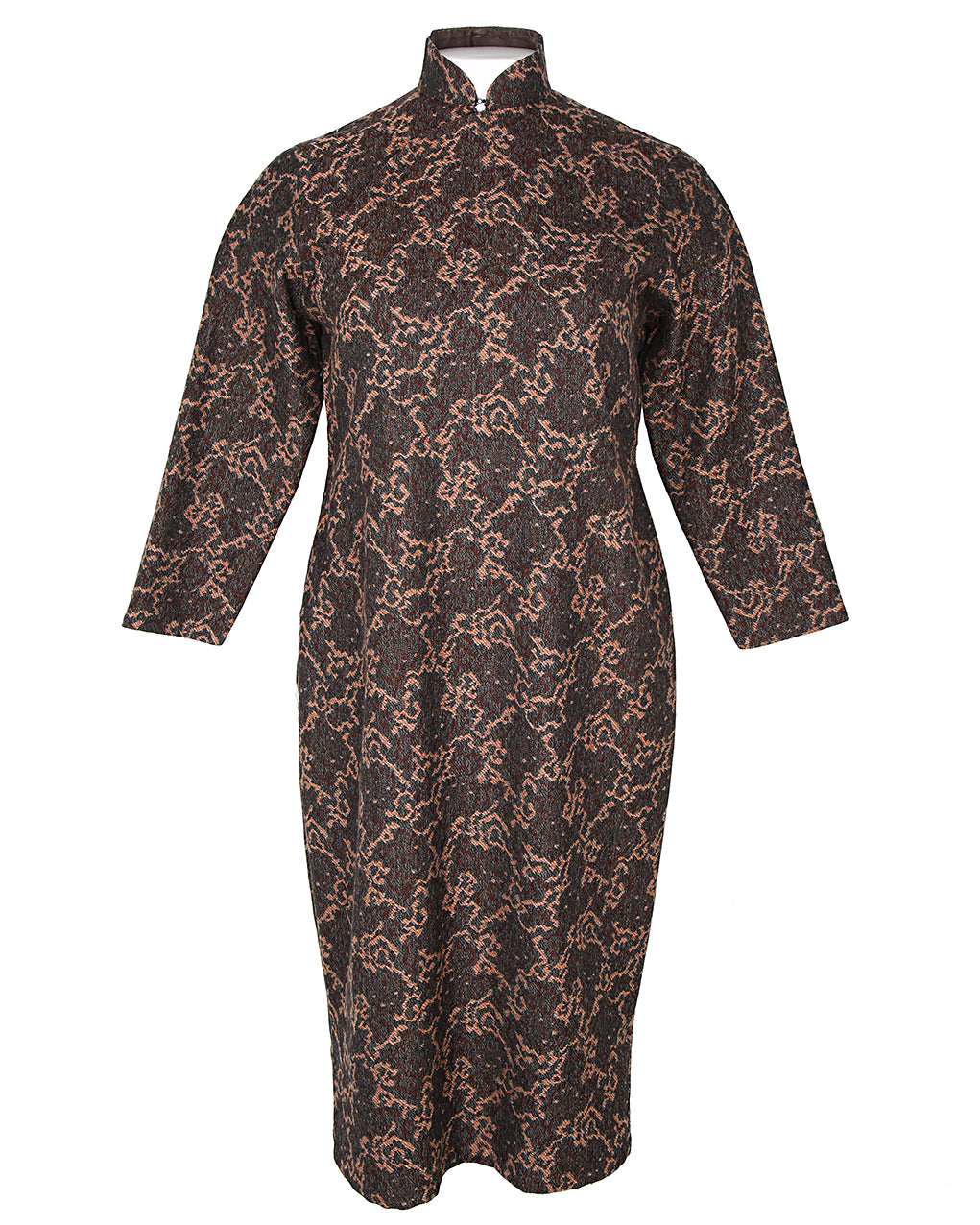 Vintage 1960s Chocolate brown Patterned Cheongsam Dress - S