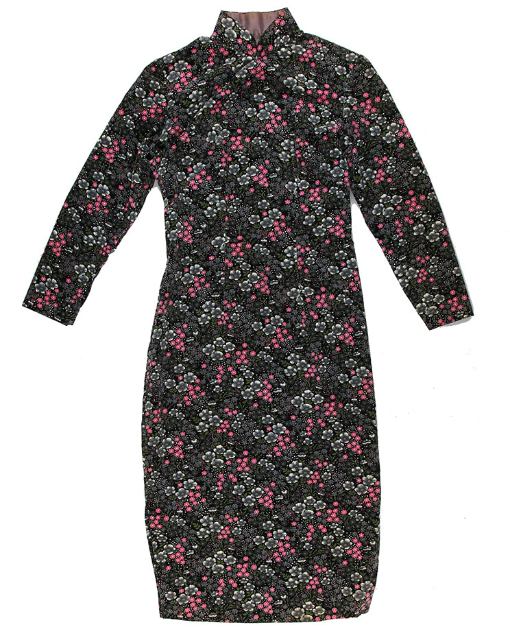 Vintage 60s Velvet Floral Cheongsam Dress - S