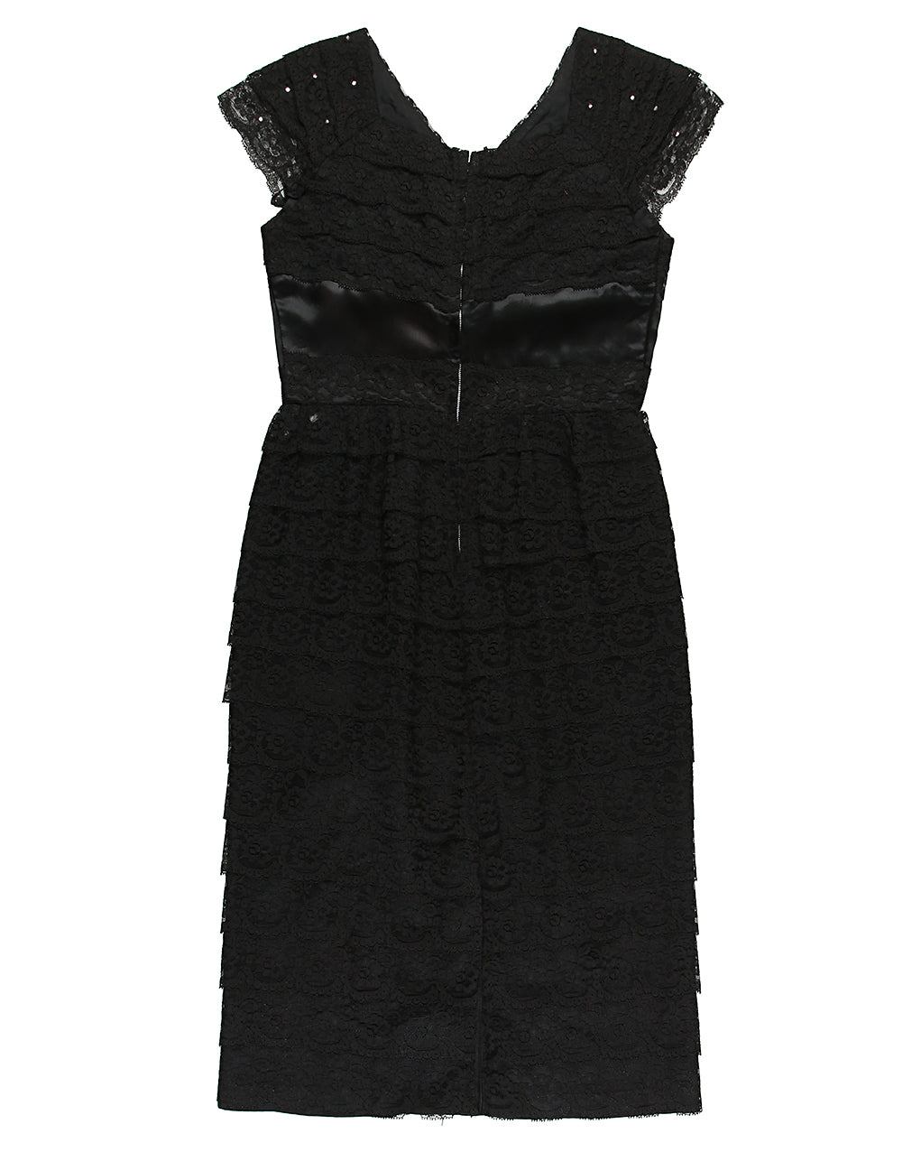 Vintage 50s Black Tiered Lace & Rhinestone Wiggle Dress - S