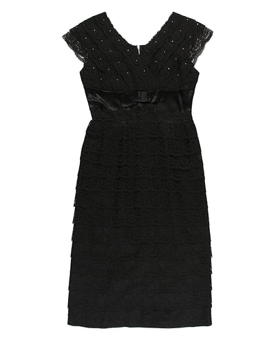Vintage 50s Black Tiered Lace & Rhinestone Wiggle Dress - S