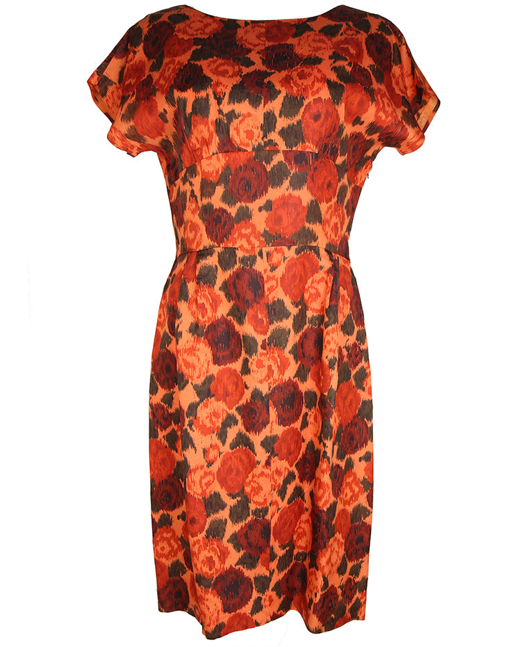 Vintage 50s 60s Orange Rose Print Scoop Back Rayon Wiggle Dress - S