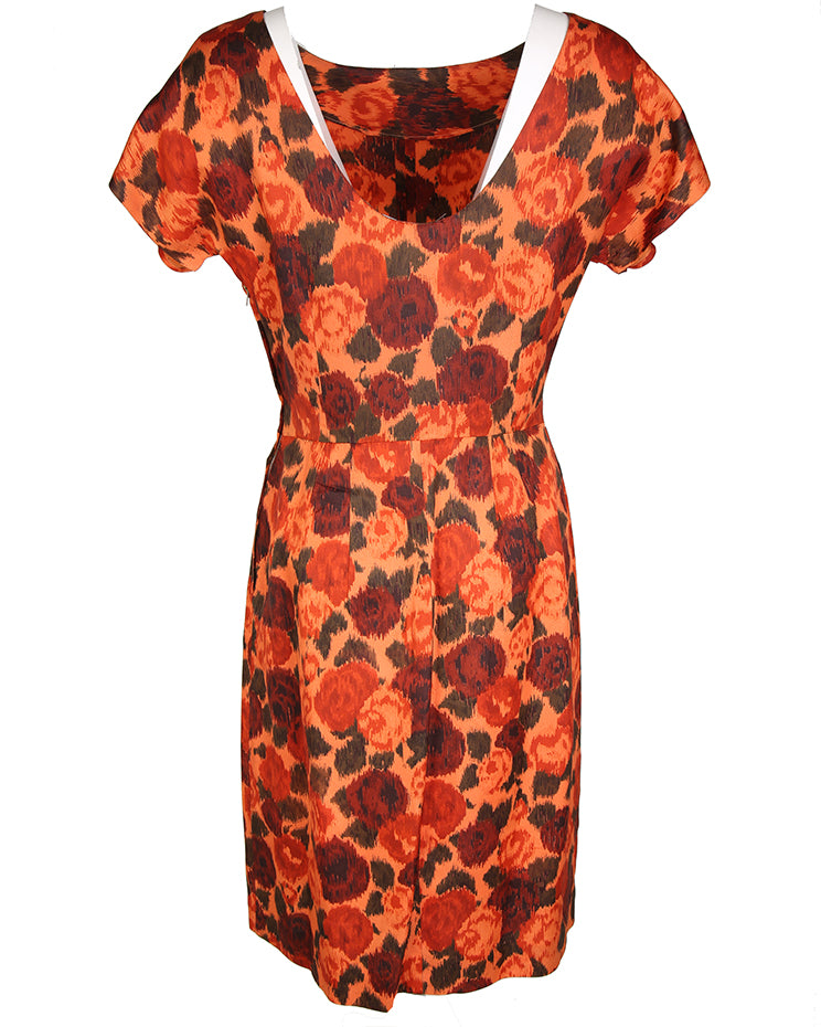 Vintage 50s 60s Orange Rose Print Scoop Back Rayon Wiggle Dress - S