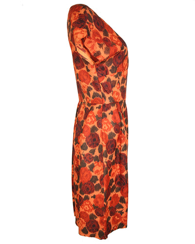 Vintage 50s 60s Orange Rose Print Scoop Back Rayon Wiggle Dress - S