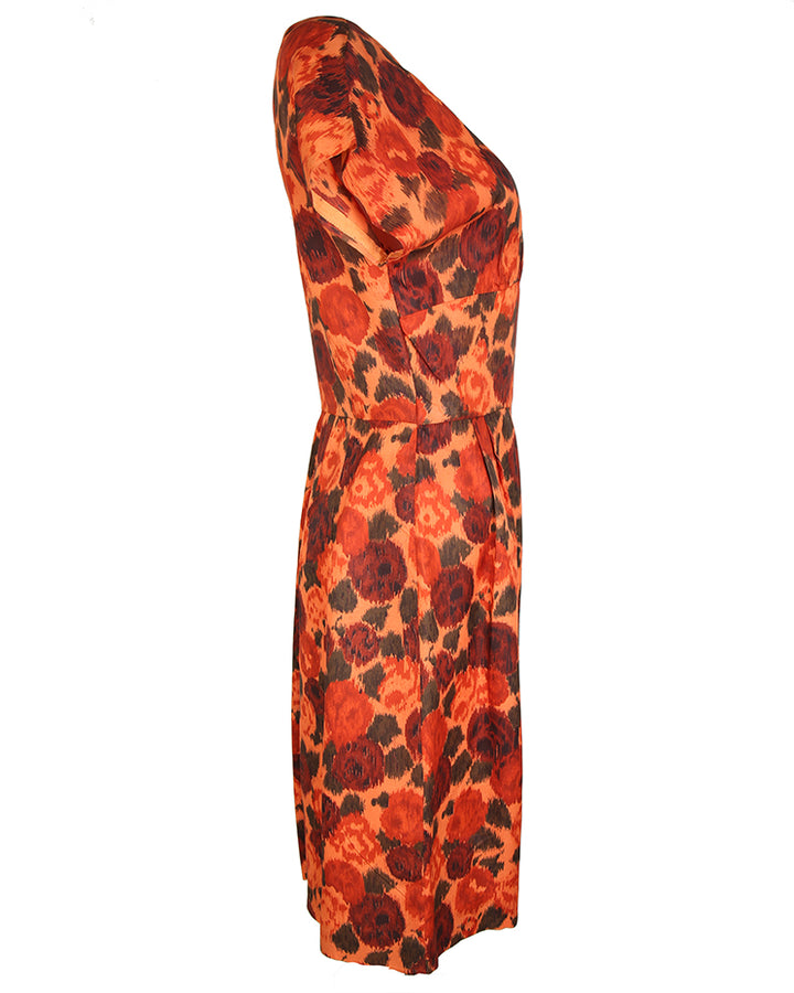 Vintage 50s 60s Orange Rose Print Scoop Back Rayon Wiggle Dress - S