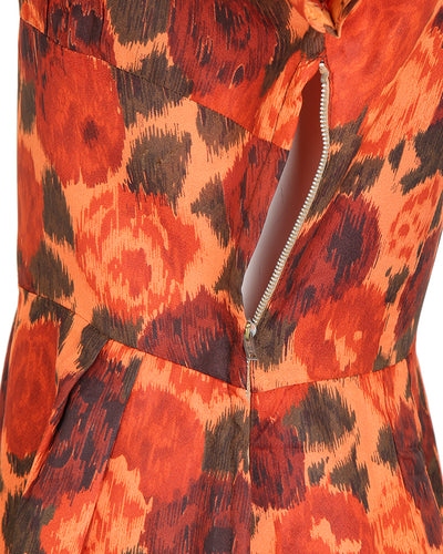Vintage 50s 60s Orange Rose Print Scoop Back Rayon Wiggle Dress - S