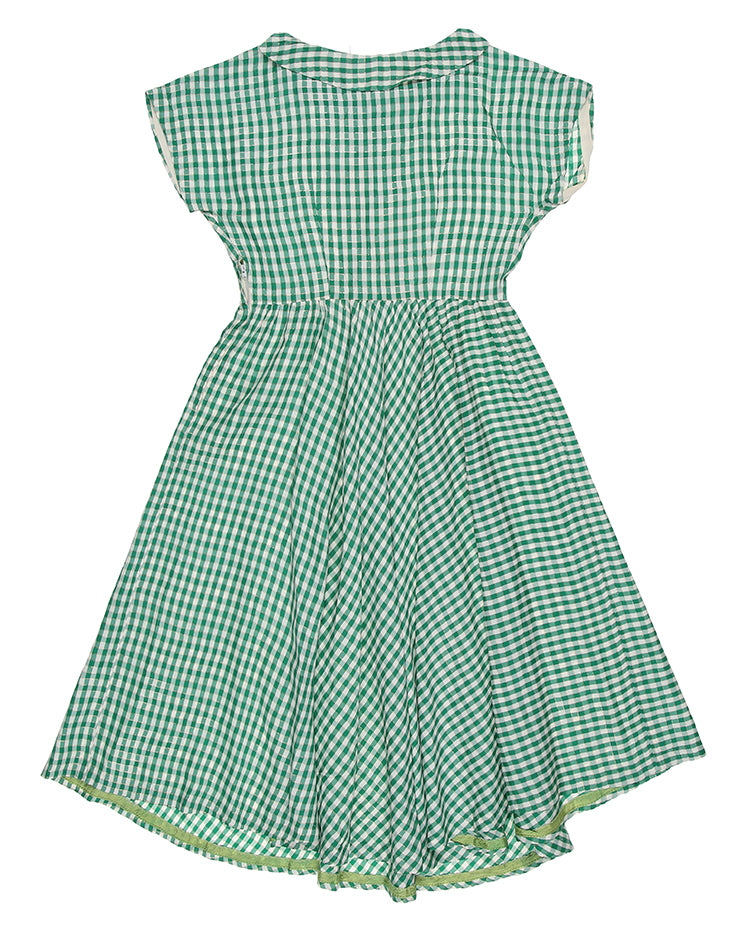 Vintage 30s 40s Green &amp; Gold Gingham Criss Cross Lace Up Day Dress - XS