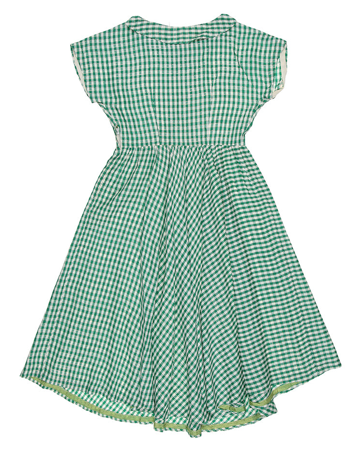 Vintage 30s 40s Green & Gold Gingham Criss Cross Lace Up Day Dress - XS