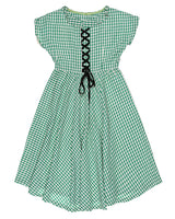 Vintage 30s 40s Green &amp; Gold Gingham Criss Cross Lace Up Day Dress - XS