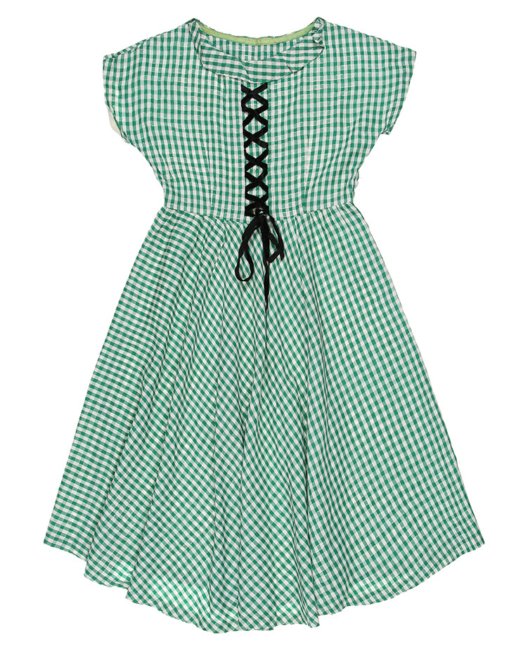 Vintage 30s 40s Green &amp; Gold Gingham Criss Cross Lace Up Day Dress - XS
