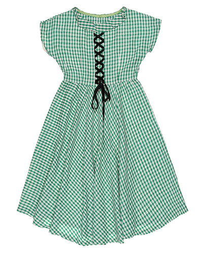 Vintage 30s 40s Green & Gold Gingham Criss Cross Lace Up Day Dress - XS