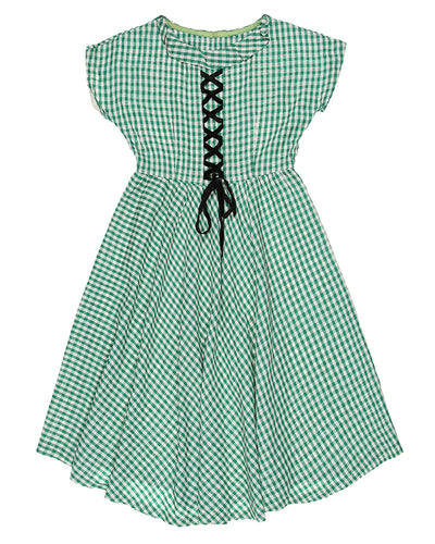 Vintage 30s 40s Green & Gold Gingham Criss Cross Lace Up Day Dress - XS