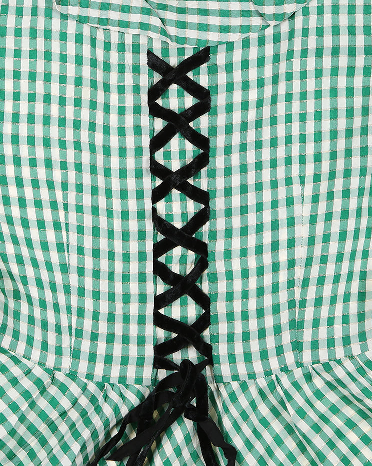 Vintage 30s 40s Green &amp; Gold Gingham Criss Cross Lace Up Day Dress - XS