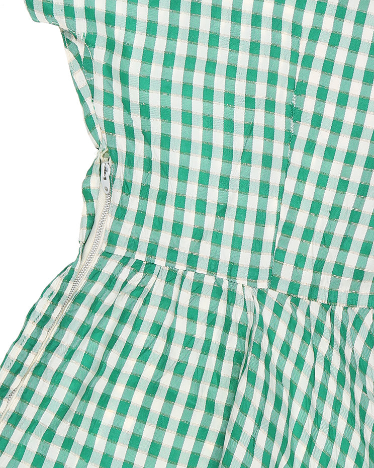 Vintage 30s 40s Green &amp; Gold Gingham Criss Cross Lace Up Day Dress - XS