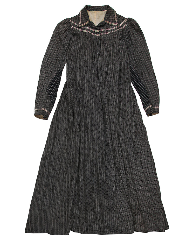 Antique American Late Victorian Black Calico Workwear Pioneer Dress - XS