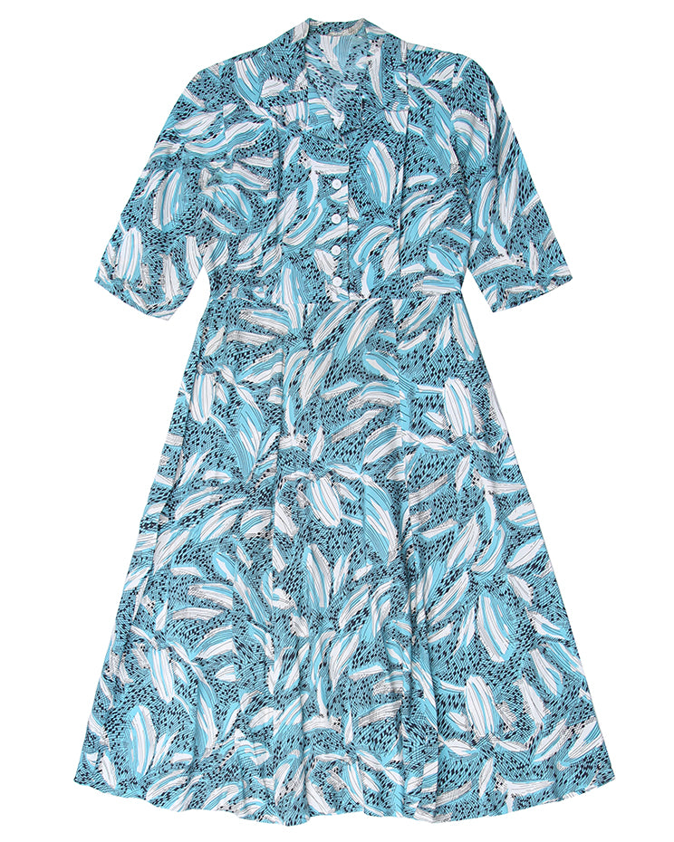 Vintage 1940s Turquoise, Black and White Patterned Dress - M