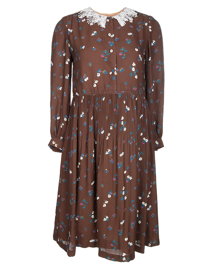 Vintage 1940s Brown Floral Lace Collar Dress - M