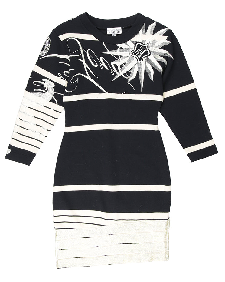Vintage 1980s Gianfranco Ferre Black and Cream Octopus Knitted Dress - S