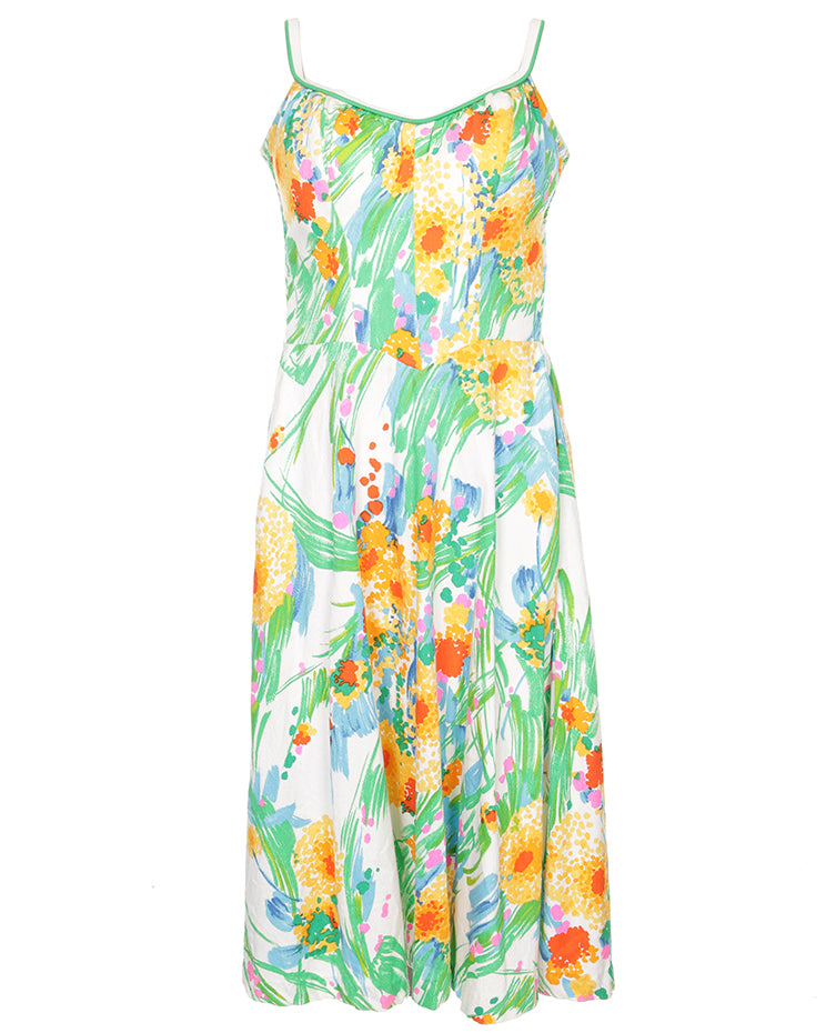 1970s white with green and orange print strappy with pockets sun dress - S