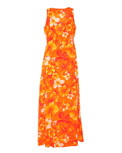 Vintage 70s Orange Hawaian Floral Maxi Dress - S