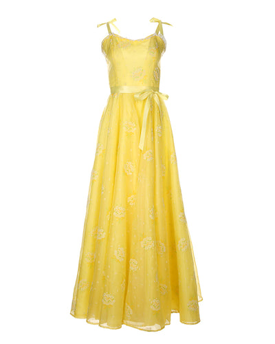 Vintage yellow floral ribbon strap dress - XS