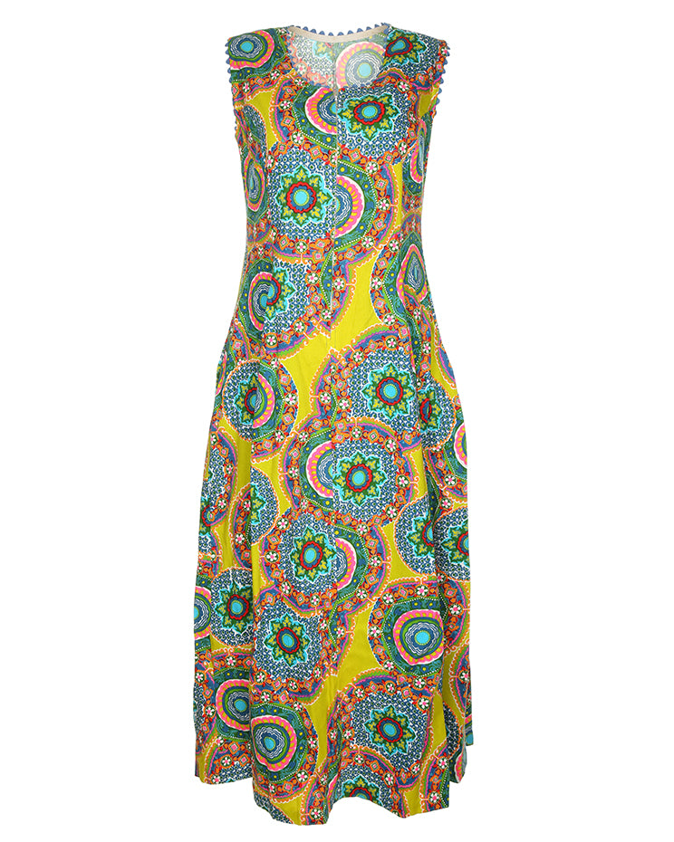 1970s Coloured Patterned Pockets Dress M
