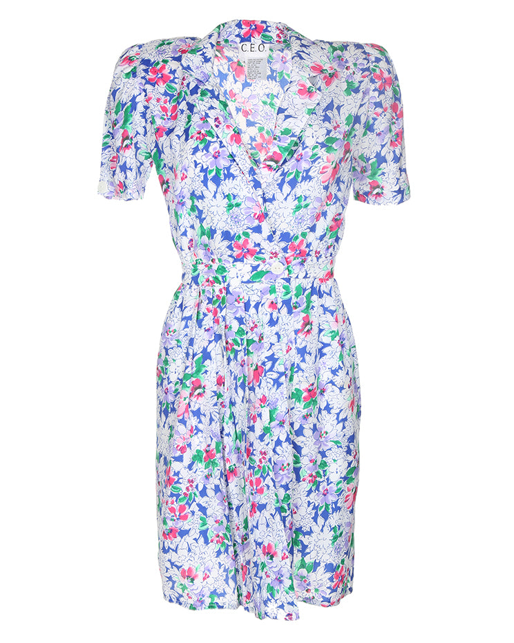1990's Pink And Blue Floral Short Sleeve Tea Dress - M
